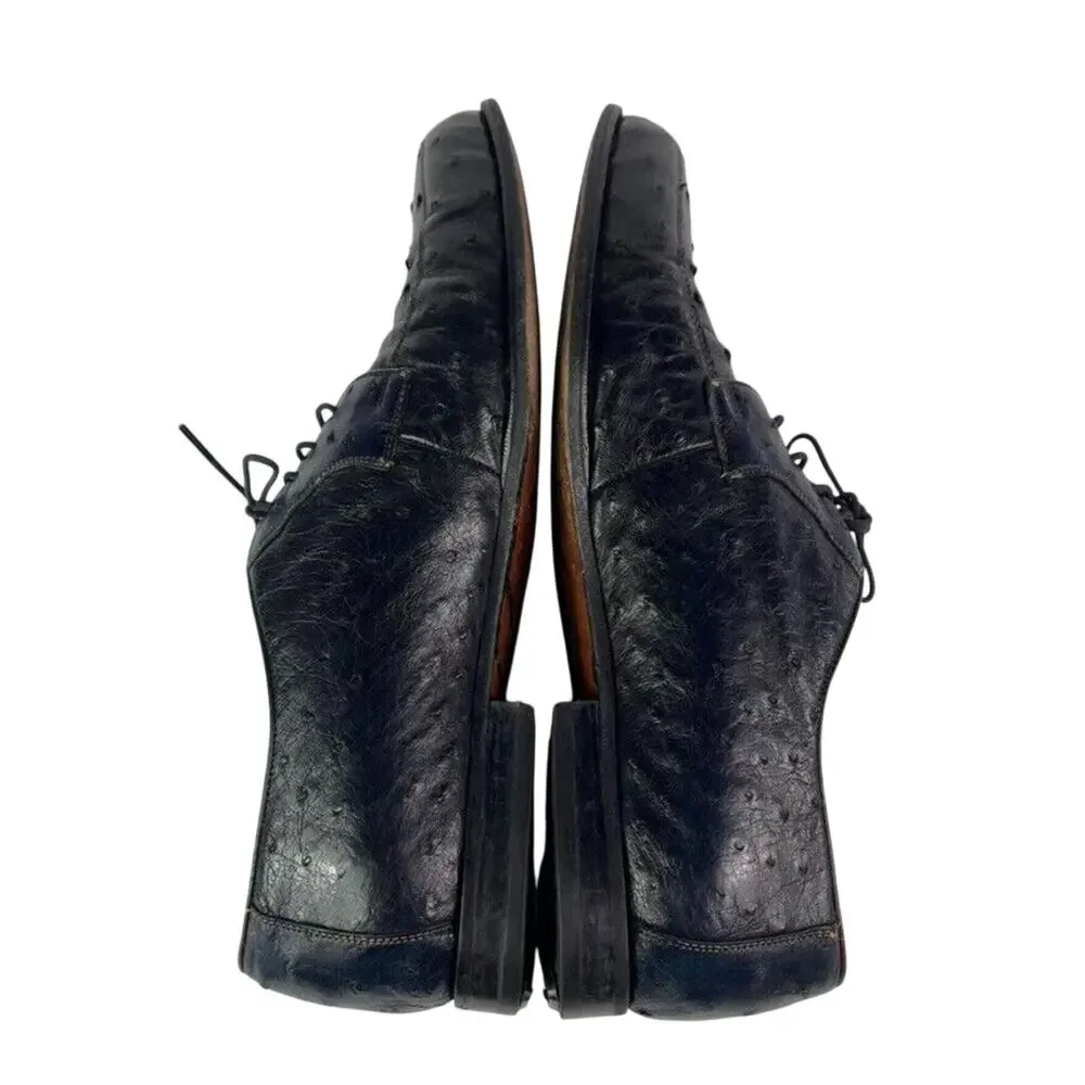 Calcaterra Shoes Mens 9 D Ostrich Dark Blue Leather Oxfords Lace Up Moc Toe